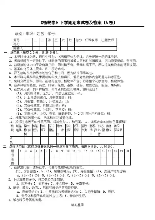 《植物学》下学期期末试卷及答案(A卷)