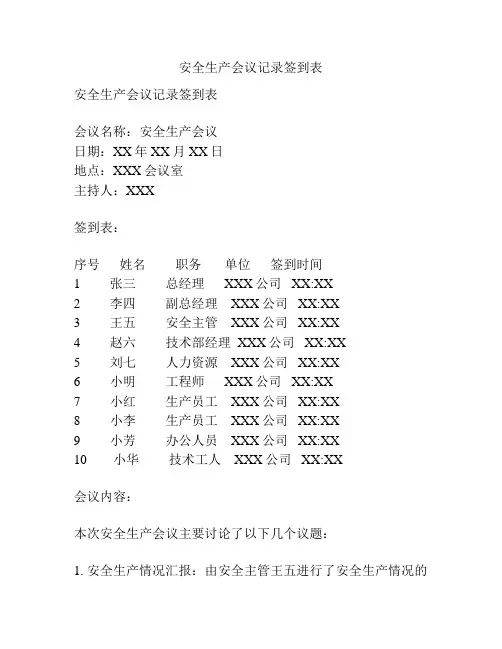安全生产会议记录签到表