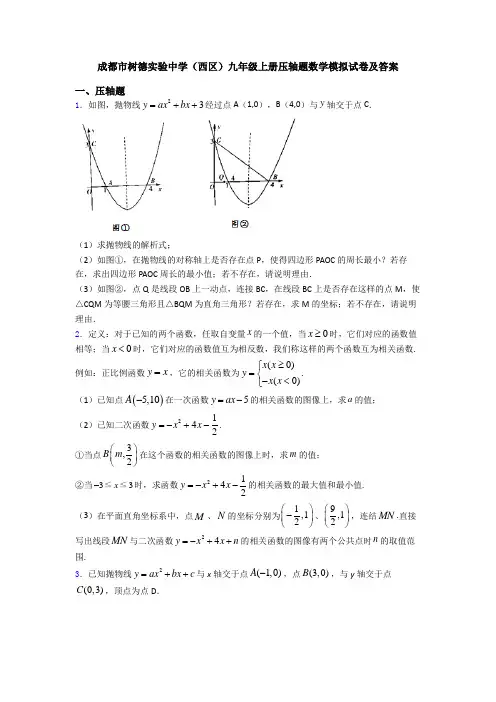 成都市树德实验中学(西区)九年级上册压轴题数学模拟试卷及答案