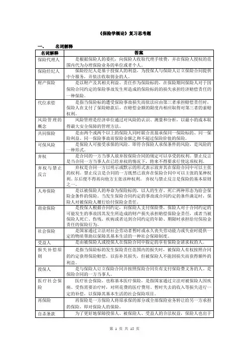 保险学概论复习思考题及参考答案分解