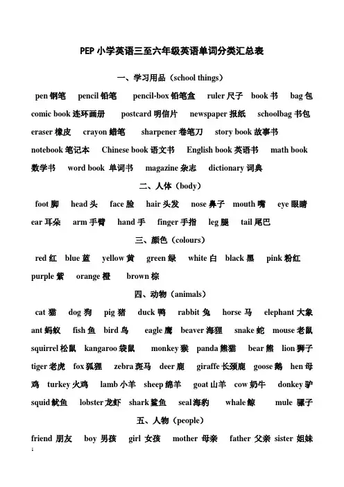 PEP小学英语三至六年级英语单词分类汇总表