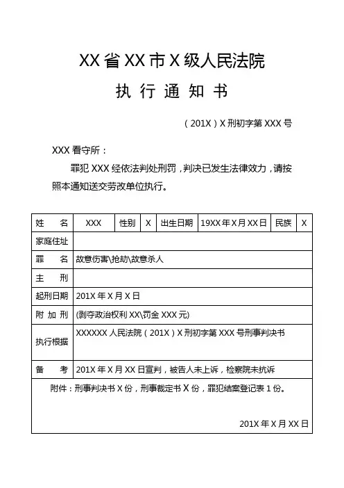 法院一审执行通知书格式模板