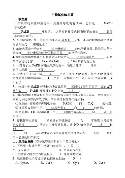 关于生物氧化作业与答案