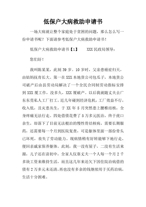 低保户大病救助申请书