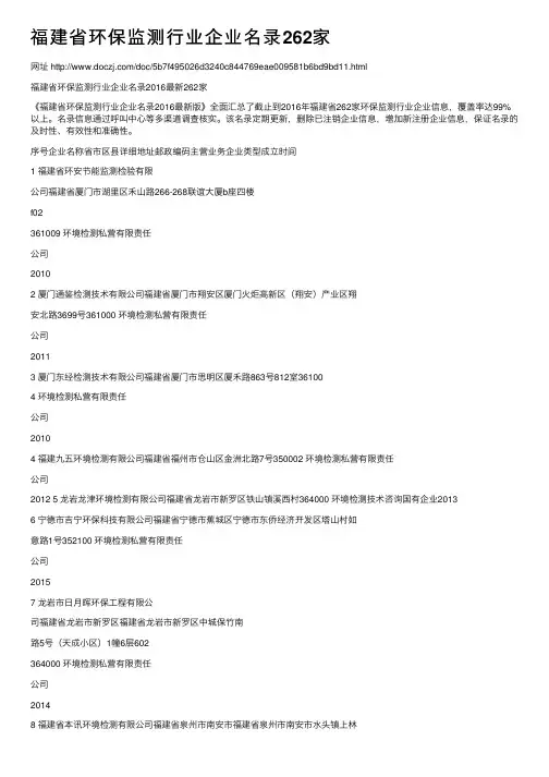 福建省环保监测行业企业名录262家