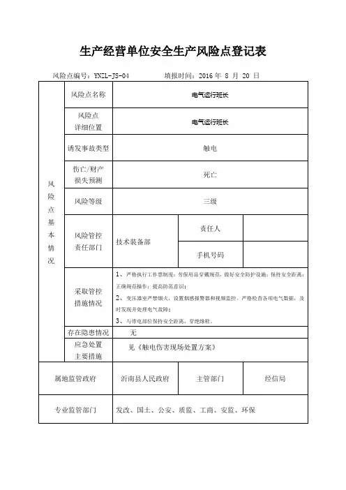 生产经营单位安全生产风险点登记表(电气运行班长)