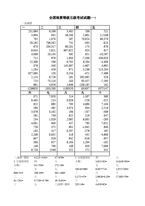 全国珠算等级五级考试试题 (整理后)
