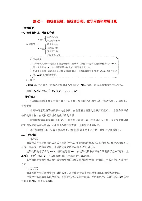 高考化学热点专题精确射靶 物质的组成、性质和分类、化学用语和常用计量考点精析与练习