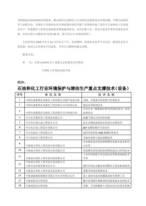 石油和化工行业环境保护与清洁生产重点支撑技术(设备)