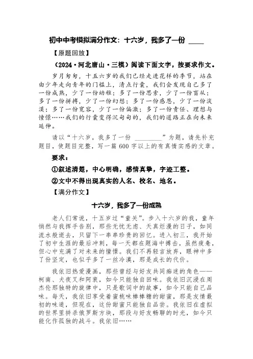 初中中考模拟满分作文：十六岁,我多了一份 _____