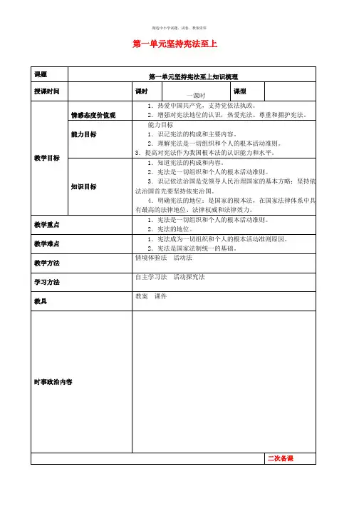 2019年中考道德与法治一轮复习八下第一单元坚持宪法至上教案新人教版