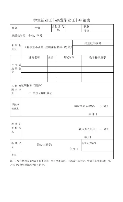学生结业证书换发毕业证书申请表(模板)