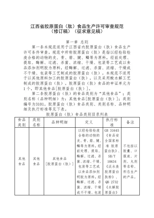 江西省胶原蛋白(肽)食品生产许可审查规范(2021修订版)