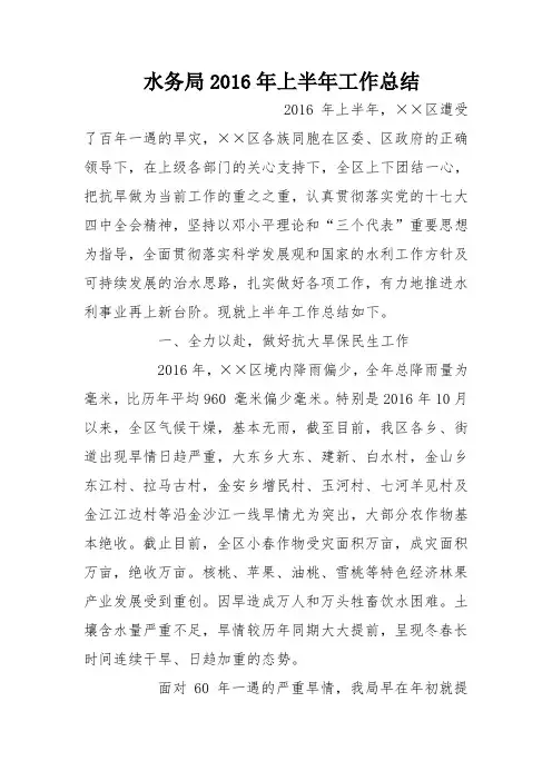 水务局2016年上半年工作总结