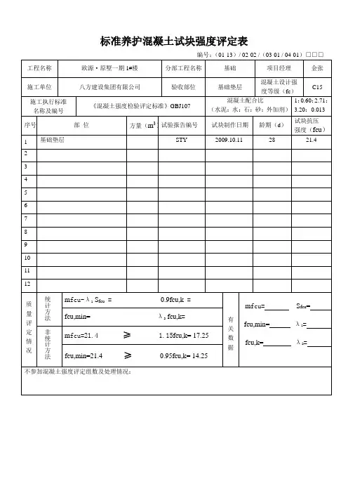 标准养护混凝土试块强度评定表C15