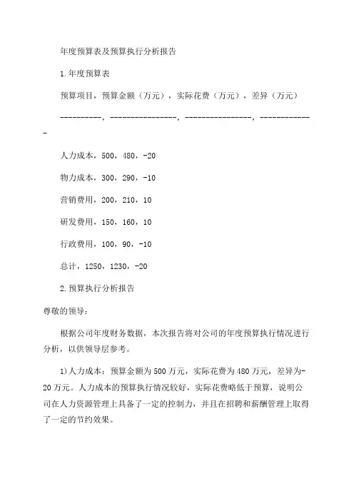 企业年度预算表预算执行分析报告范文