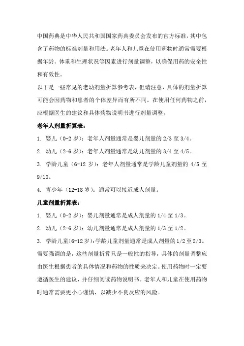中国药典老幼剂量折算表