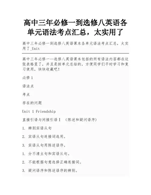 高中三年必修一到选修八英语各单元语法考点汇总,太实用了