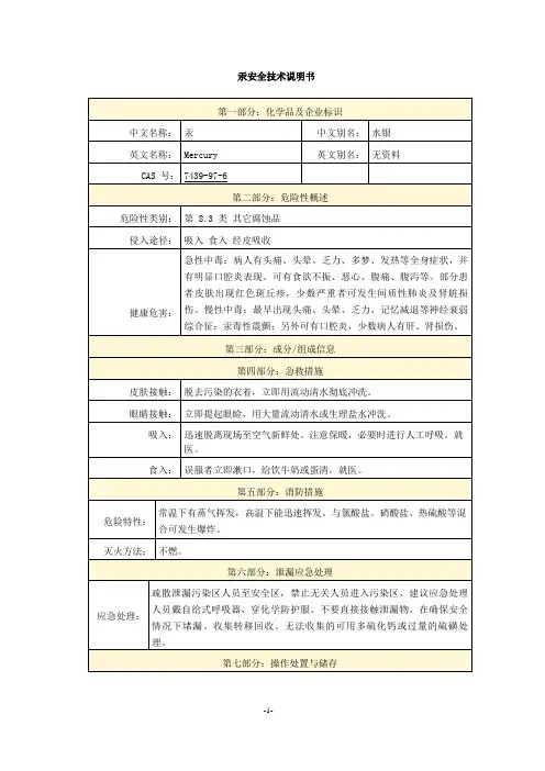 汞安全技术说明书