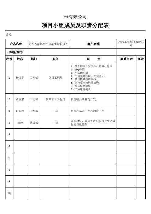 项目小组成员及职责分配表
