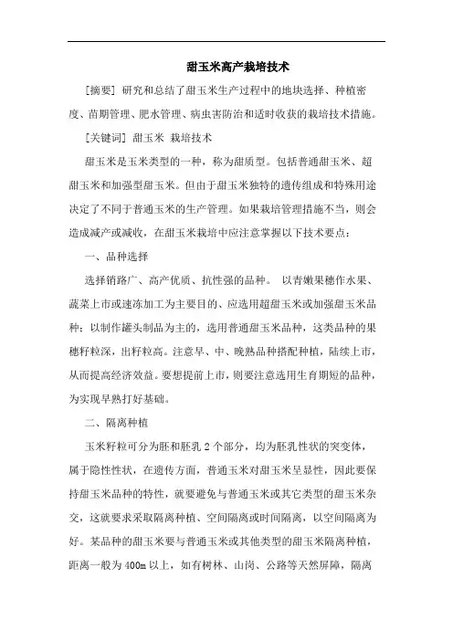 甜玉米高产栽培技术