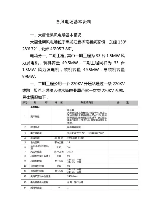 各风电场基本资料