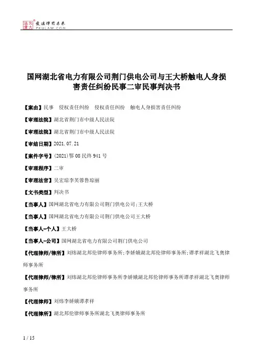 国网湖北省电力有限公司荆门供电公司与王大桥触电人身损害责任纠纷民事二审民事判决书