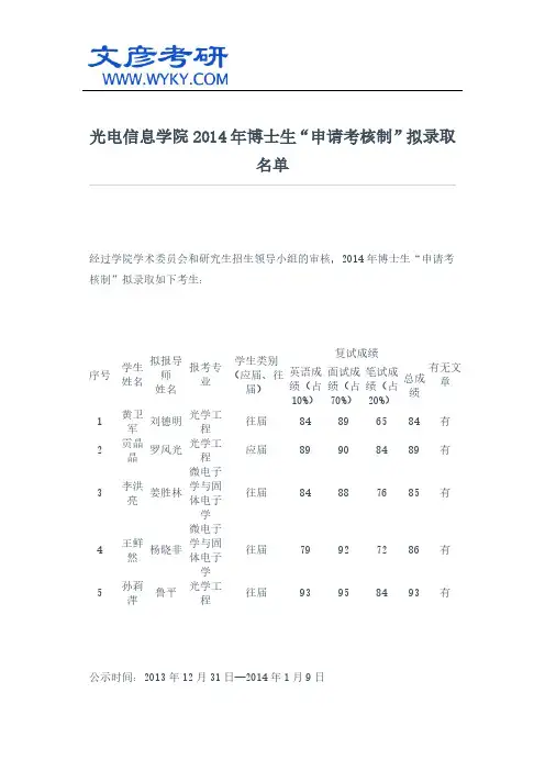 光电信息学院2014年博士生“申请考核制”拟录取名单_华中科大研究生院