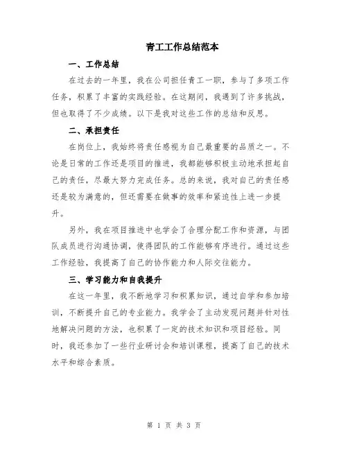青工工作总结范本