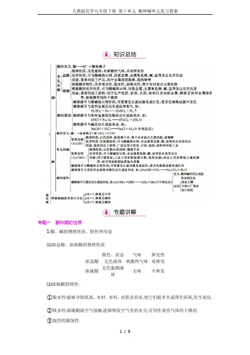 人教版化学九年级下册-第十单元-酸和碱单元复习教案