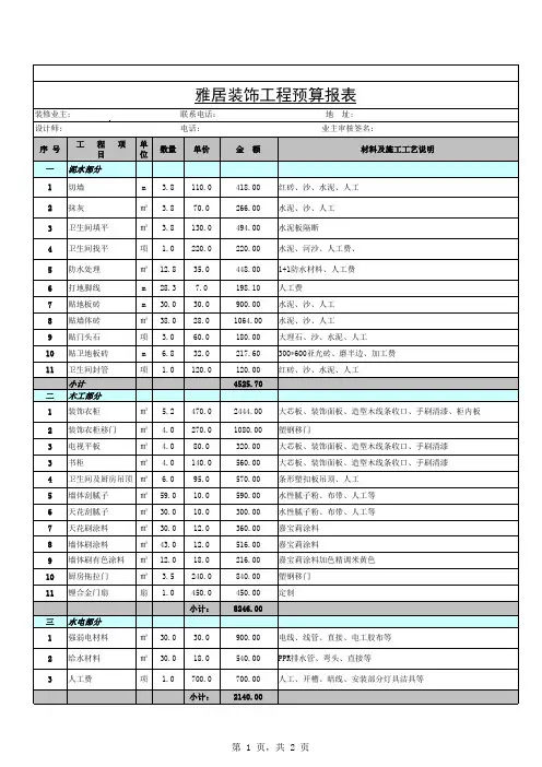 装饰工程预算报价表xls