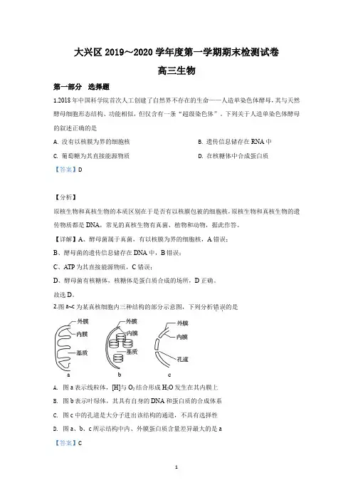 【解析】北京市大兴区2020届高三上学期期末考试生物试题