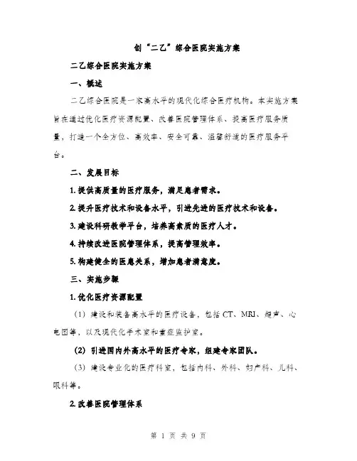 创“二乙”综合医院实施方案（3篇）
