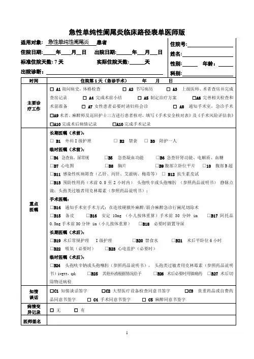急性单纯性阑尾炎临床路径表单
