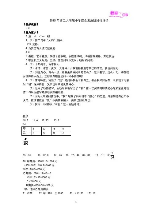 2015西工大附中小升初试卷答案