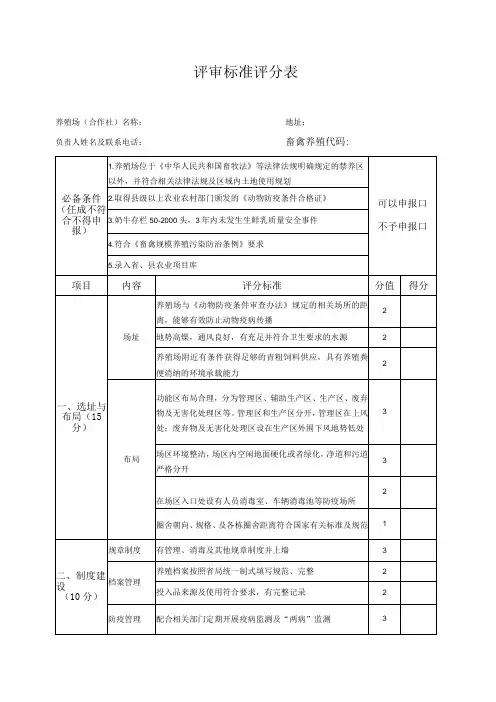 评审标准评分表
