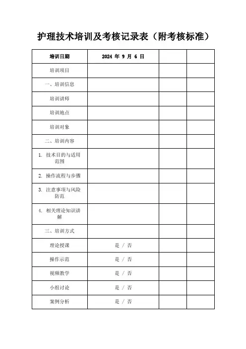 护理技术培训及考核记录表(附考核标准)