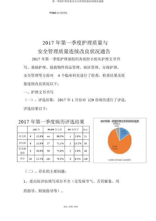 第一季度护理质量及安全管理质量控制情况通报