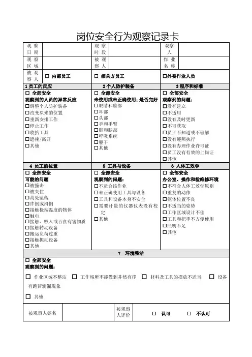 岗位安全行为观察记录卡(模板)