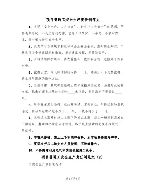 项目普通工安全生产责任制范文（3篇）