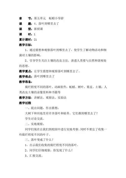 大象版小学科学三年级上册教案第五单元：蚯蚓小导游4落叶到哪里去了