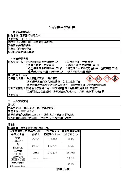 漆包线用聚氨酯绝缘漆(凡立水)物质要求资料表MSDS  G