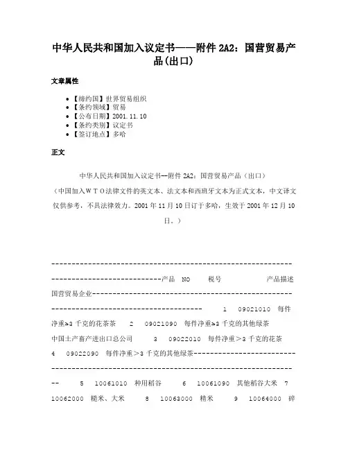 中华人民共和国加入议定书——附件2A2：国营贸易产品(出口)