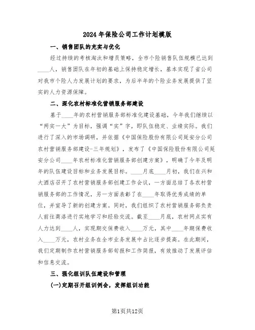 2024年保险公司工作计划模版（五篇）