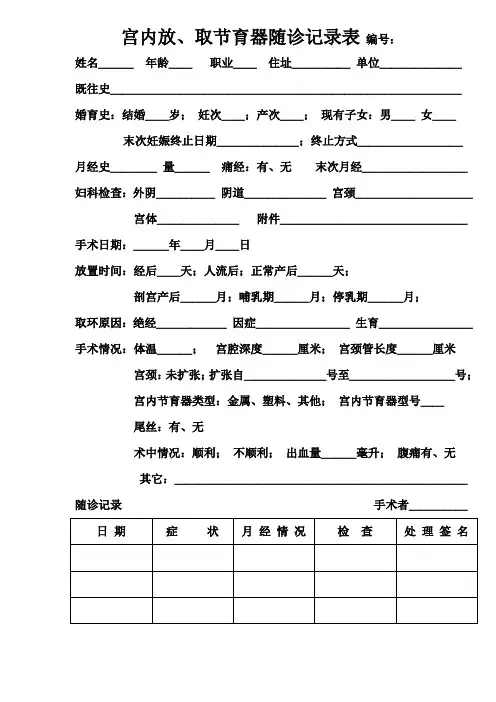 宫内放、取节育器随诊记录表