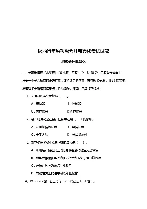 陕西省年度初级会计电算化考试试题