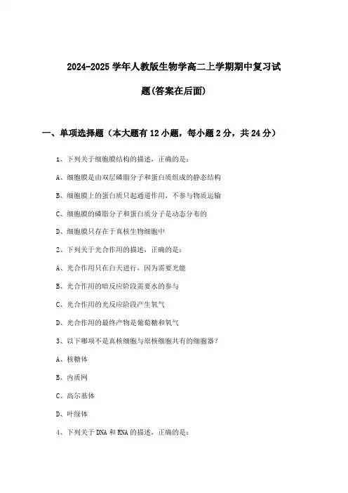 人教版生物学高二上学期期中试题与参考答案(2024-2025学年)