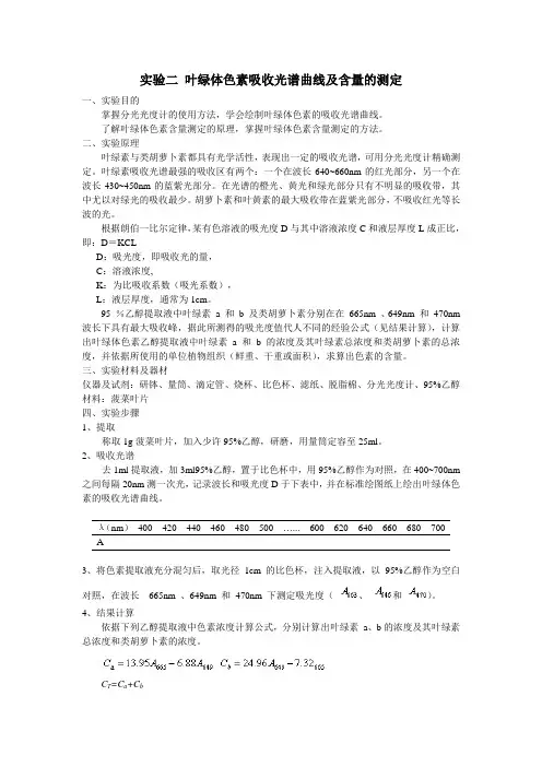 实验4 叶绿体色素的吸收光谱曲线及含量的测定