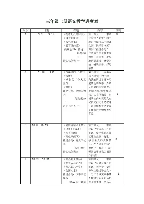 三年级上册语文教学进度表