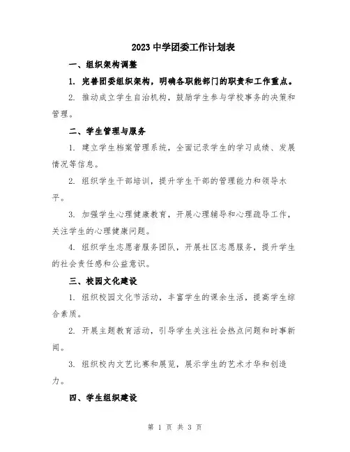 2023中学团委工作计划表